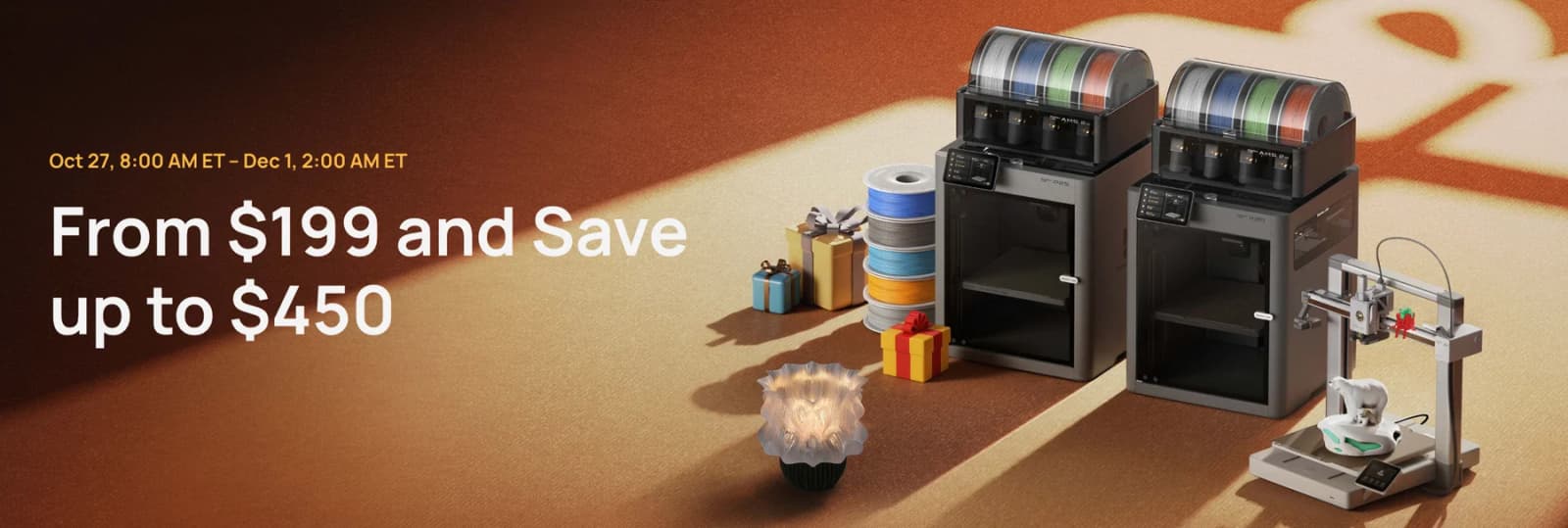 Bambu Lab Black Friday: from $199 and save up to $450. October 27, 8:00 AM ET to December 1, 2:00 AM ET.